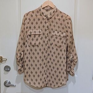 EUC Marks & Spencer 16 Tan Boho Blouse with Black Pattern